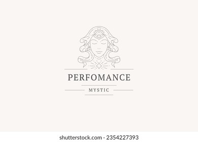 Sacred mystical elegant woman portrait with bright star line art logo design template vector illustration. Mythology fantasy female face minimal monochrome emblem spa beauty salon skin care cosmetic