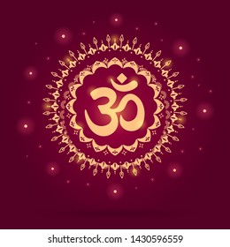 Sacred om mantra symbol with mandala ornament. Hinduism culture symbol. Red background