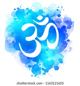 Sacred OM sign over abstract bright watercolor texture isolated on white background.