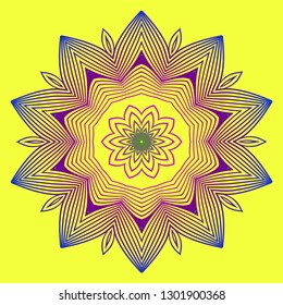 Sacred Oriental Mandala. Color Floral Ornament. Abstract Shapes In Asian Style. Vector Illustration. Yellow purple color.