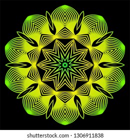 Sacred Oriental Mandala. Color Floral Ornament. Abstract Shapes In Asian Style. Vector Illustration. Black green yellow color.