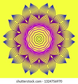 Sacred Oriental Mandala. Color Floral Ornament. Abstract Shapes In Asian Style. Vector Illustration. Yellow purple color.