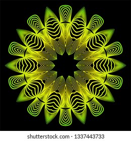Sacred Oriental Mandala. Color Floral Ornament. Abstract Shapes In Asian Style. Vector Illustration. Black green yellow color.