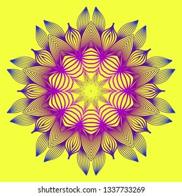 Sacred Oriental Mandala. Color Floral Ornament. Abstract Shapes In Asian Style. Vector Illustration. Yellow purple color.