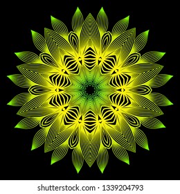 Sacred Oriental Mandala. Color Floral Ornament. Abstract Shapes In Asian Style. Vector Illustration. Black green yellow color.