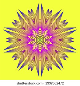 Sacred Oriental Mandala. Color Floral Ornament. Abstract Shapes In Asian Style. Vector Illustration. Yellow purple color.