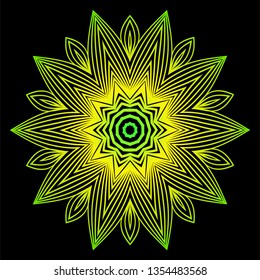 Sacred Oriental Mandala. Color Floral Ornament. Abstract Shapes In Asian Style. Vector Illustration. Black green yellow color.