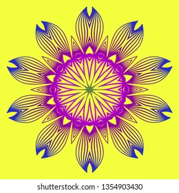 Sacred Oriental Mandala. Color Floral Ornament. Abstract Shapes In Asian Style. Vector Illustration. Yellow purple color.