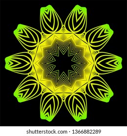 Sacred Oriental Mandala. Color Floral Ornament. Abstract Shapes In Asian Style. Vector Illustration. Black green yellow color.