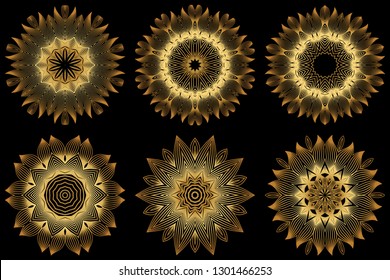 Sacred Oriental Mandala. Floral Ornament. Vector Illustration. Can Be Used For Greeting Card, Coloring Book, Phone Case Print. Luxury gold on black color.