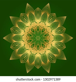 Sacred Oriental Mandala. Floral Ornament. Vector Illustration. Can Be Used For Greeting Card, Coloring Book, Phone Case Print. Green gold color.