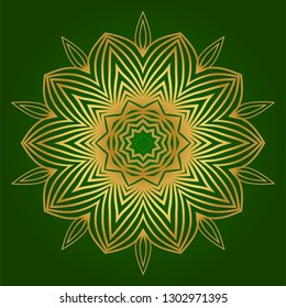 Sacred Oriental Mandala. Floral Ornament. Vector Illustration. Can Be Used For Greeting Card, Coloring Book, Phone Case Print. Green gold color.