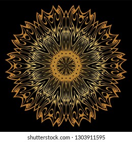 Sacred Oriental Mandala. Floral Ornament. Vector Illustration. Can Be Used For Greeting Card, Coloring Book, Phone Case Print. Luxury gold, black color.