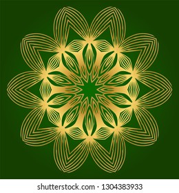 Sacred Oriental Mandala. Floral Ornament. Vector Illustration. Can Be Used For Greeting Card, Coloring Book, Phone Case Print. Green gold color.