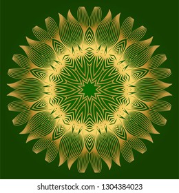 Sacred Oriental Mandala. Floral Ornament. Vector Illustration. Can Be Used For Greeting Card, Coloring Book, Phone Case Print. Green gold color.