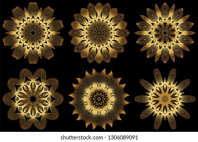 Sacred Oriental Mandala. Floral Ornament. Vector Illustration. Can Be Used For Greeting Card, Coloring Book, Phone Case Print. Luxury gold on black color.