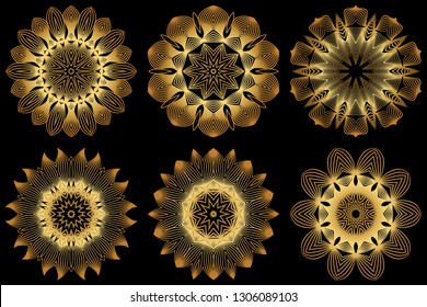 Sacred Oriental Mandala. Floral Ornament. Vector Illustration. Can Be Used For Greeting Card, Coloring Book, Phone Case Print. Luxury gold on black color.