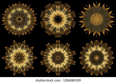 Sacred Oriental Mandala. Floral Ornament. Vector Illustration. Can Be Used For Greeting Card, Coloring Book, Phone Case Print. Luxury gold on black color.