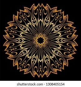 Sacred Oriental Mandala. Floral Ornament. Vector Illustration. Can Be Used For Greeting Card, Coloring Book, Phone Case Print. Luxury gold, black color.