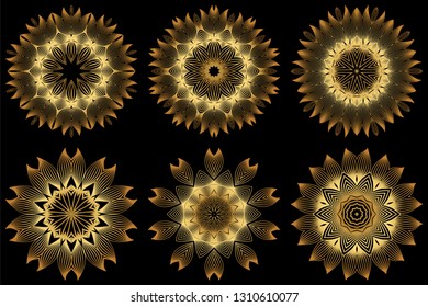 Sacred Oriental Mandala. Floral Ornament. Vector Illustration. Can Be Used For Greeting Card, Coloring Book, Phone Case Print. Luxury gold on black color.