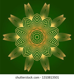 Sacred Oriental Mandala. Floral Ornament. Vector Illustration. Can Be Used For Greeting Card, Coloring Book, Phone Case Print. Green gold color.