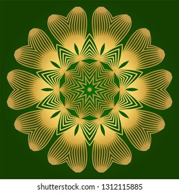 Sacred Oriental Mandala. Floral Ornament. Vector Illustration. Can Be Used For Greeting Card, Coloring Book, Phone Case Print. Green gold color.