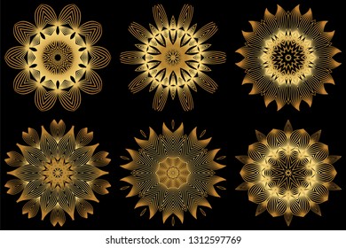 Sacred Oriental Mandala. Floral Ornament. Vector Illustration. Can Be Used For Greeting Card, Coloring Book, Phone Case Print. Luxury gold on black color.