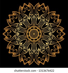 Sacred Oriental Mandala. Floral Ornament. Vector Illustration. Can Be Used For Greeting Card, Coloring Book, Phone Case Print. Luxury gold, black color.