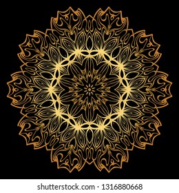 Sacred Oriental Mandala. Floral Ornament. Vector Illustration. Can Be Used For Greeting Card, Coloring Book, Phone Case Print. Luxury gold, black color.