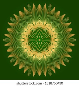 Sacred Oriental Mandala. Floral Ornament. Vector Illustration. Can Be Used For Greeting Card, Coloring Book, Phone Case Print. Green gold color.