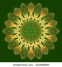 Sacred Oriental Mandala. Floral Ornament. Vector Illustration. Can Be Used For Greeting Card, Coloring Book, Phone Case Print. Green gold color.