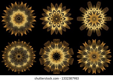 Sacred Oriental Mandala. Floral Ornament. Vector Illustration. Can Be Used For Greeting Card, Coloring Book, Phone Case Print. Luxury gold on black color.