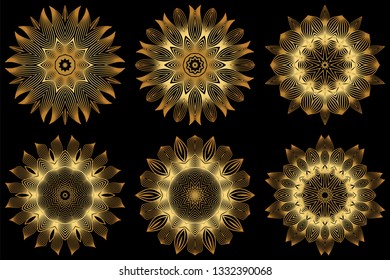 Sacred Oriental Mandala. Floral Ornament. Vector Illustration. Can Be Used For Greeting Card, Coloring Book, Phone Case Print. Luxury gold on black color.