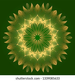 Sacred Oriental Mandala. Floral Ornament. Vector Illustration. Can Be Used For Greeting Card, Coloring Book, Phone Case Print. Green gold color.