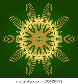 Sacred Oriental Mandala. Floral Ornament. Vector Illustration. Can Be Used For Greeting Card, Coloring Book, Phone Case Print. Green gold color.