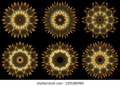 Sacred Oriental Mandala. Floral Ornament. Vector Illustration. Can Be Used For Greeting Card, Coloring Book, Phone Case Print. Luxury gold on black color.