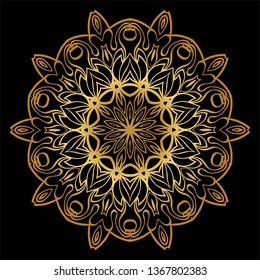 Sacred Oriental Mandala. Floral Ornament. Vector Illustration. Can Be Used For Greeting Card, Coloring Book, Phone Case Print. Luxury gold, black color.