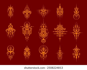 Sacred oriental Thai symbols of Buddhism religion and Yantra tattoo signs, vector golden icons. Thailand religious Buddha symbols of Sak Yant tattoo, Buddhism esoteric ornaments and Thai sacred signs