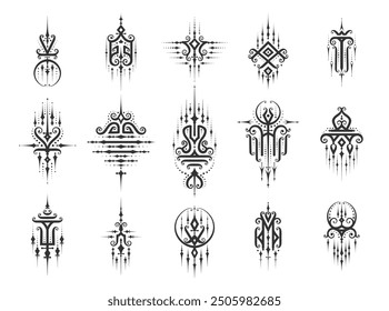 Sacred oriental Thai symbols for tattoo or decoration in Buddhism style, vector signs. Yantra or Sak Yant tattoo symbols of Thailand religious and esoteric ornaments, Thai Buddha sacred signs