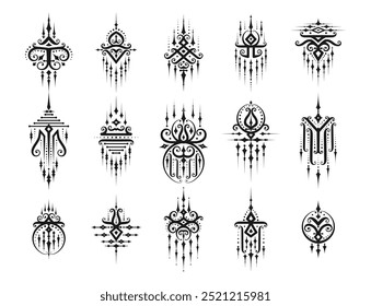 Símbolos sagrados orientales tailandeses para tatuajes o Yantra Sak Yant y signos religiosos budistas, iconos vectoriales. Ornamentos sagrados étnicos de Tailandia de Yantra o Sak Yant tatuando arte y símbolos de la cultura tailandesa