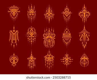 Sacred oriental Thai symbols of Yantra tattoo or Buddha talismans, vector amulets. Thailand mystic art symbols of Sak Yant tattoo with Buddhism esoteric religious ornaments of Thai sacred signs