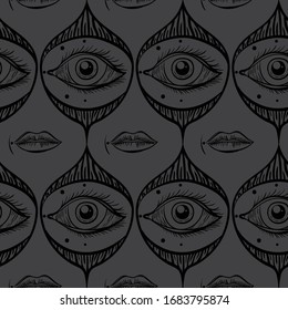 Sacred muster of eye.Vintage psychedelic Design für Textil, Stoff, Umhüllung, Tapete. Astrologie, Religion.Pyramide. Vektorillustration Musterbeispiel.