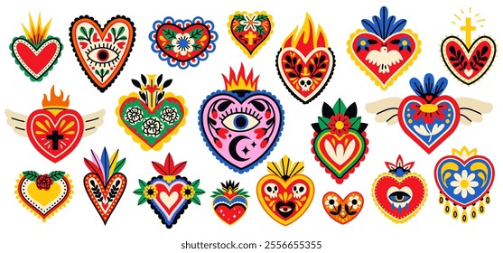 Sacred patterned hearts. Traditional mexican spiritual symbols, burning flames, colorful flowers and eyes, fire memorial signs, colorful decorative tidy vector cartoon flat isolated illustration set