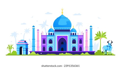 Heilige Orte und Attribute Indiens - moderne, farbige Vektorgrafik mit Taj Mahal Moschee, Gateway in Neu Delhi und heilige Kuh, die ein Ehrentier ist. Traditionen und Kultur der asiatischen Idee