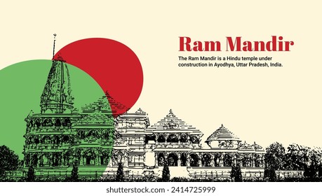 Sacred Ram Mandir: Ilustración de arte en línea de Ayodhya, Uttar Pradesh. Dibujo de la línea del templo Ayodhya. Ilustración de Uttar Pradesh, emblemática obra de arte Sagrada Ram Mandir