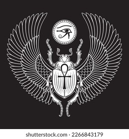 Sacred scarab beetle and eye of Horus ancient Egypt hand drawn vector illustration