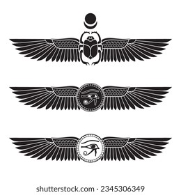 Sacred scarab beetle and eye of Horus ancient Egypt elements set hand drawn vector illustration