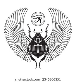 Sacred scarab beetle and eye of Horus ancient Egypt elements set hand drawn vector illustration