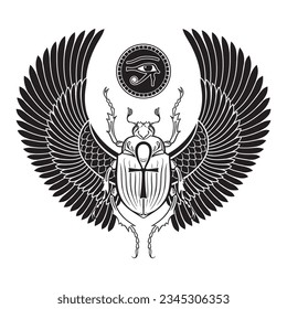 Sacred scarab beetle and eye of Horus ancient Egypt elements set hand drawn vector illustration