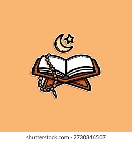A sacred scene featuring an open Quran resting on a wooden stand with prayer beads draped over it, and a crescent moon with a star above, evoking faith, devotion, and study. Ramadan Theme